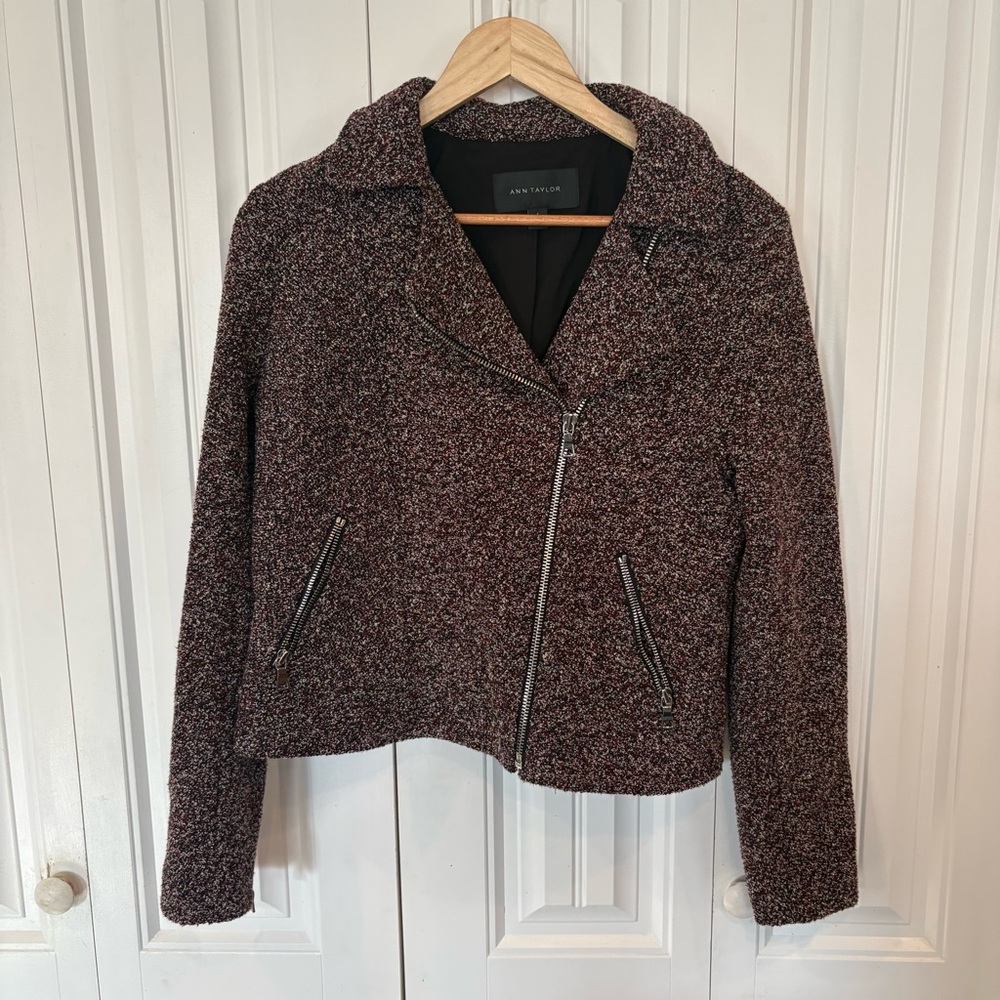 Ann Taylor | Red And Black Boucle Moto‎ Style Jacket Sz Small